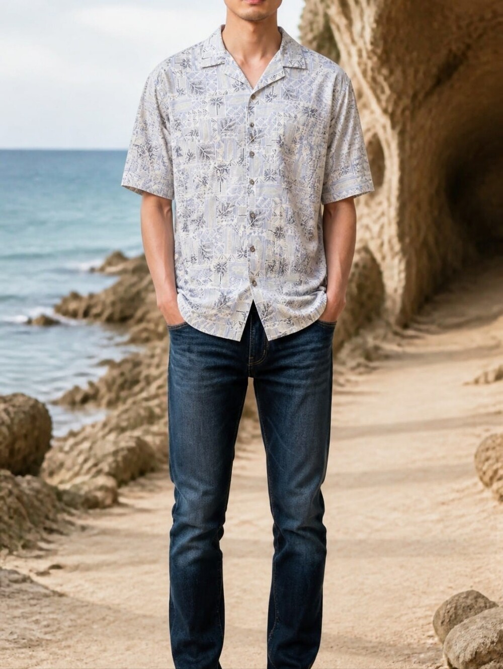 George Blue & Cream Patterned Short Sleeve Shirt